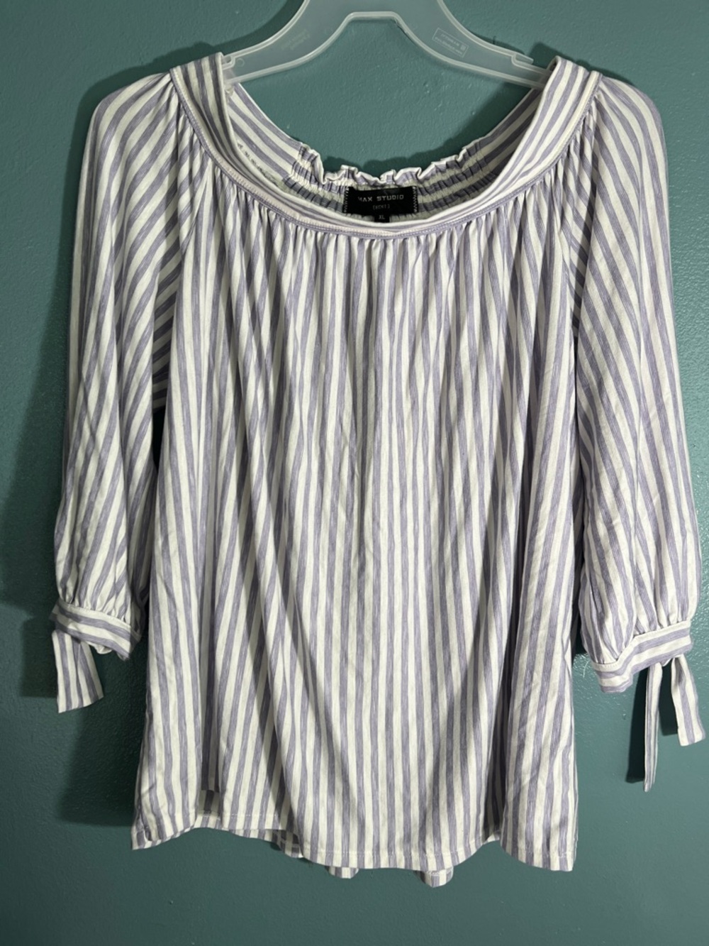 Max Studio Lavender and White Striped Peasant Top